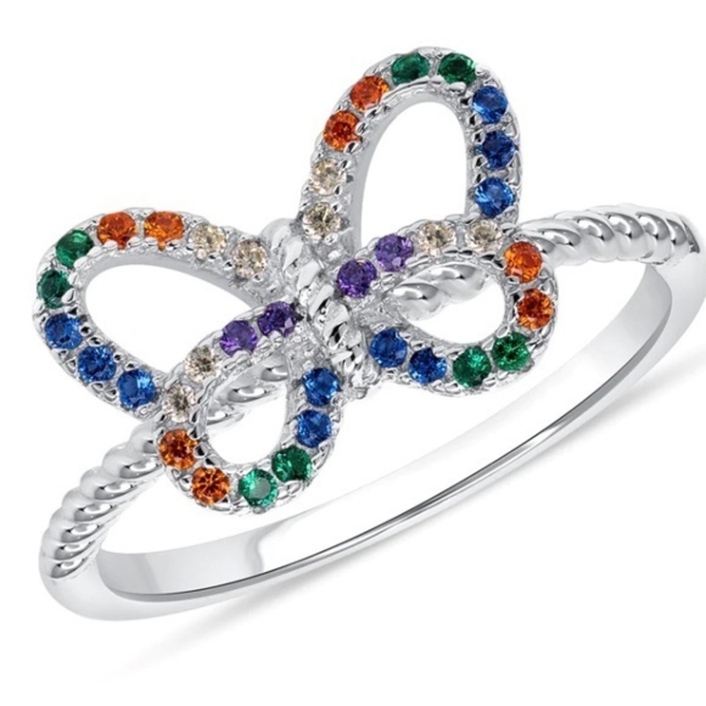 925 Sterling Silver rainbow butterfly Ring size 6 7 8 with colorful CZ stones